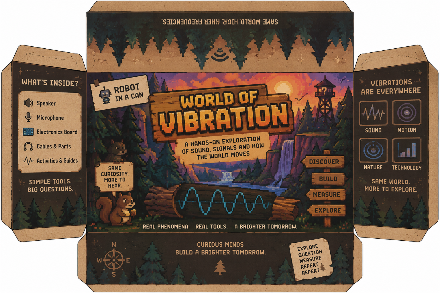 World of Vibration kit packaging with a pixel-art forest, waterfall, signal tower, and experiment clues